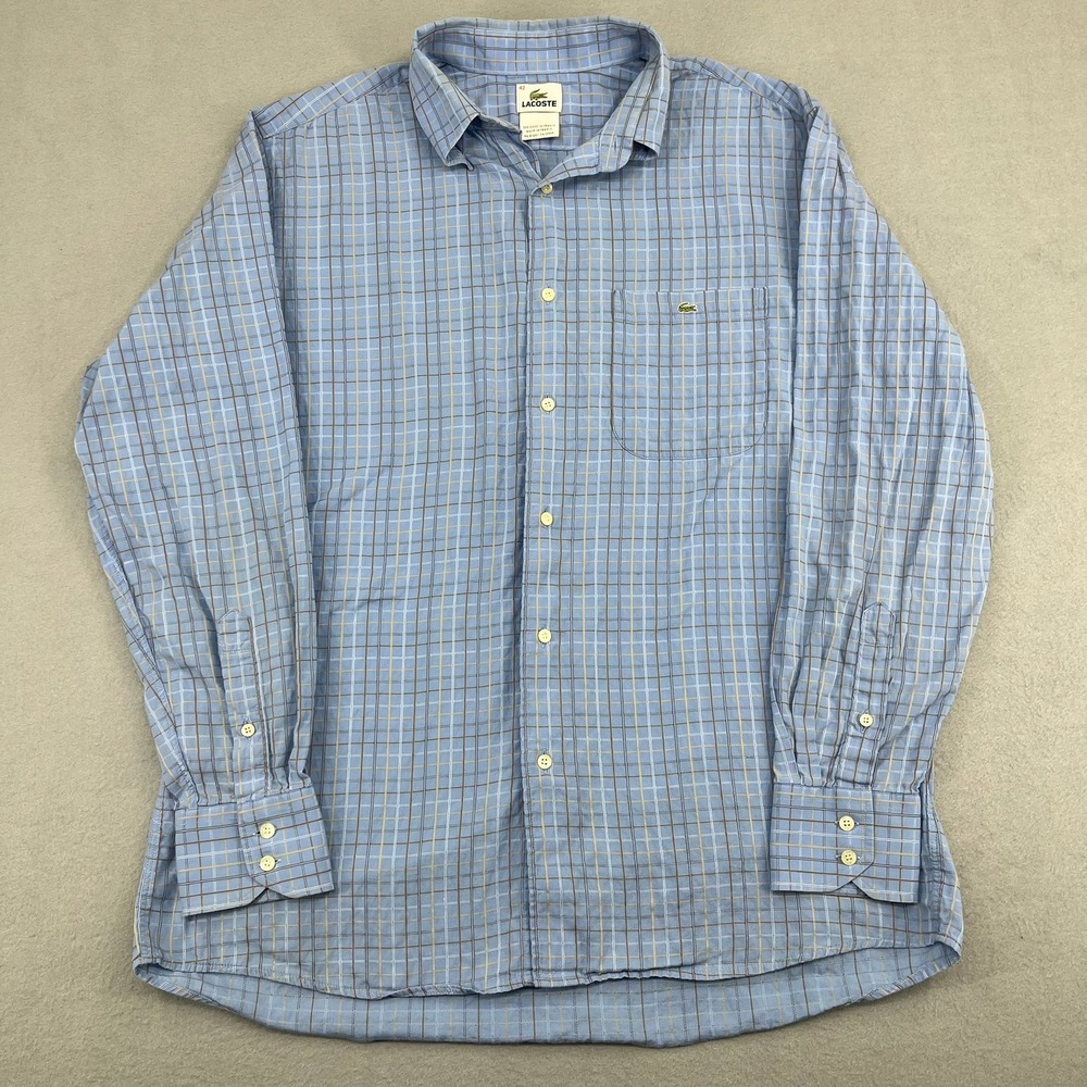 Lacoste Mens Blue Plaid Long Sleeve Button Down Shirt Size‎ 42 Made in France